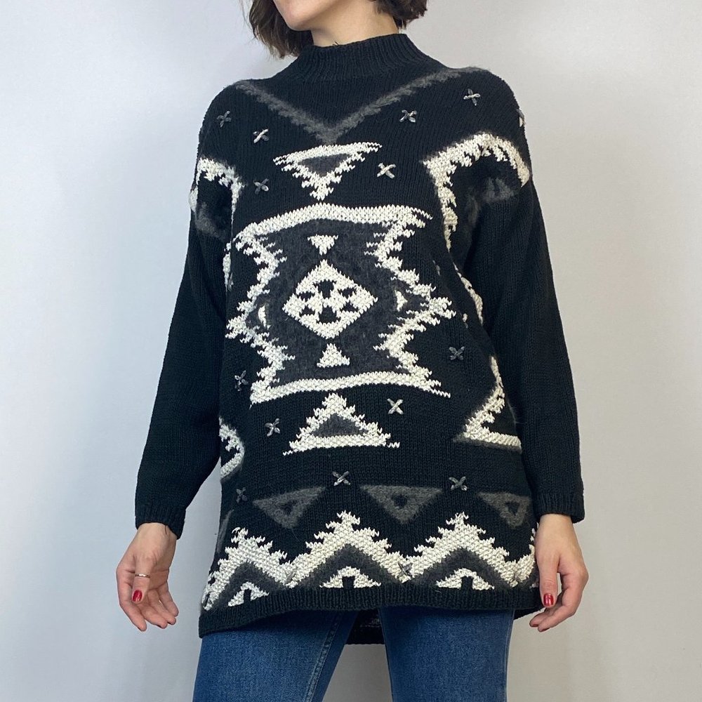 Vintage 90s Hand Knit WESTERN Tunic Sweater! Medium